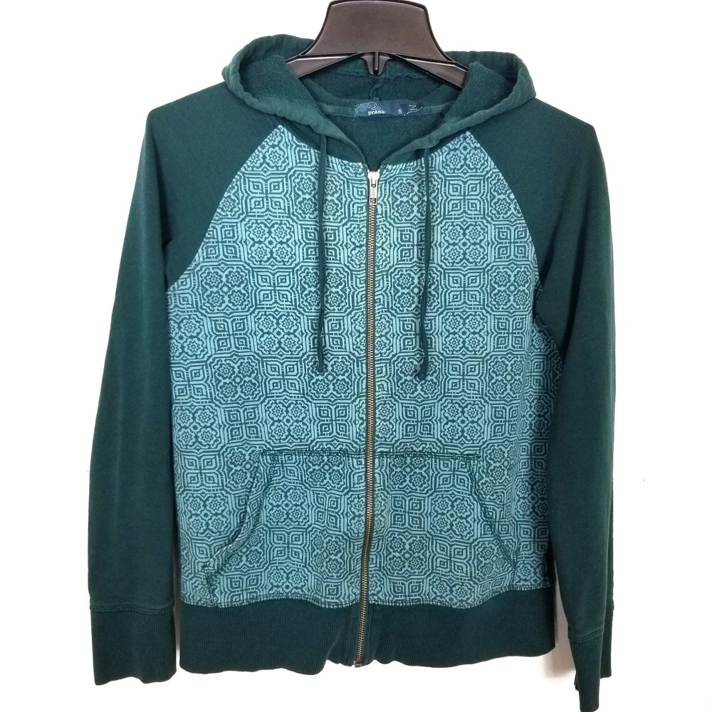 Prana Women's Full Zip Organic Cotton Hoodie Sz S Green‎ Printed Outdoor Jacket